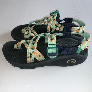 Chaco Z Cloud Sandals Blue Orange Geometric Pattern Straps Womens Size 7